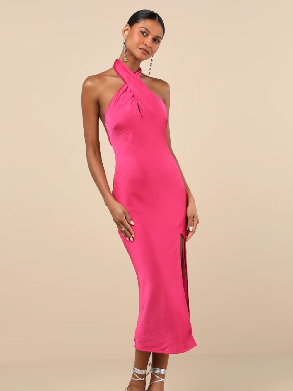 Lulus Beyond Classy Hot Pink Satin Halter Midi Dress in Size Small